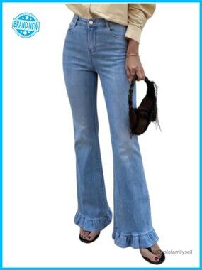 Ruffle Hem Flare Jeans High Waisted Stretchy Denim Pants